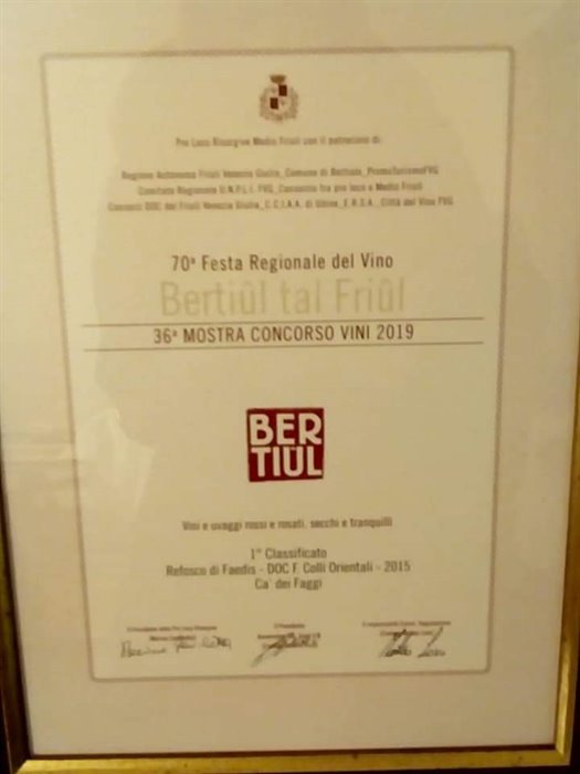 Wine Competition 2019 BertiulTalFriul, Refosco di Faedis Ca 'dei Faggi First Place